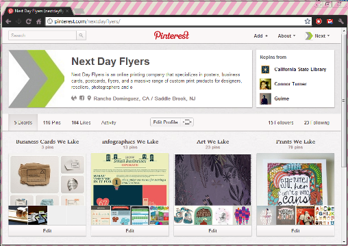 NextDayFlyers' Pinterest page We've pinned posters, business cards, and infographics that have inspired the NextDayFlyers team.
