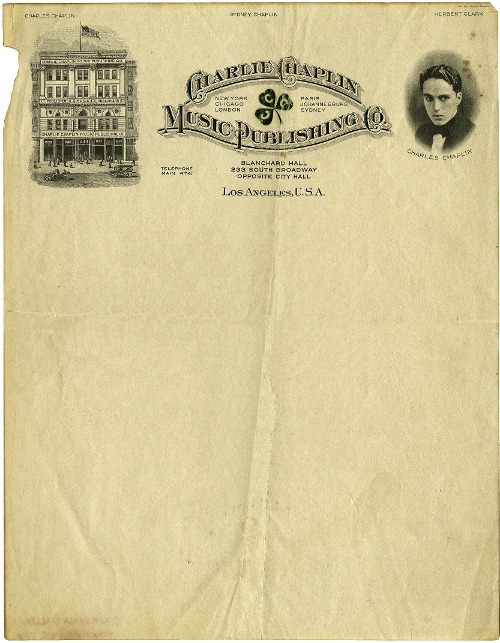 Charlie Chaplin Music Publishing Co. vintage letterhead