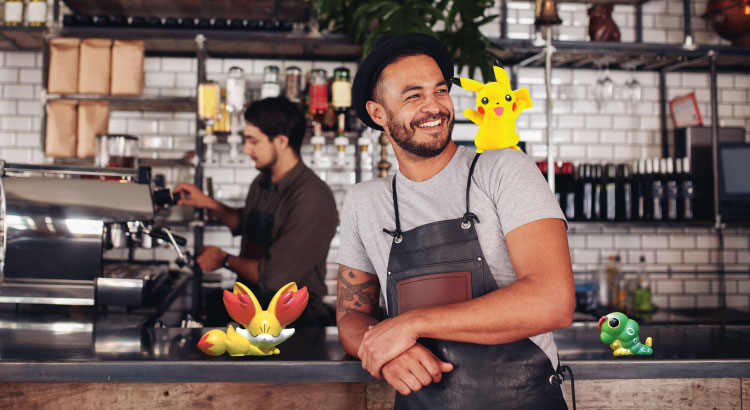 Cafe employees enjoying the Pokemon Go game