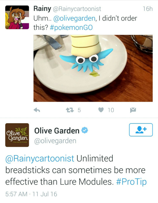 Olive Garden Twitter account responding to a Pokemon Go player