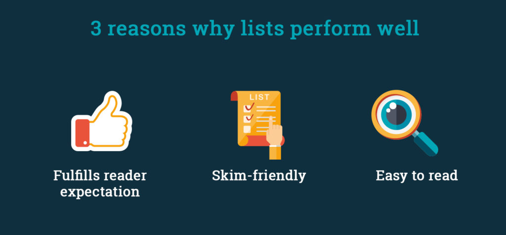 Three reasons why lists do well in social media. Reasons why lists perform well.