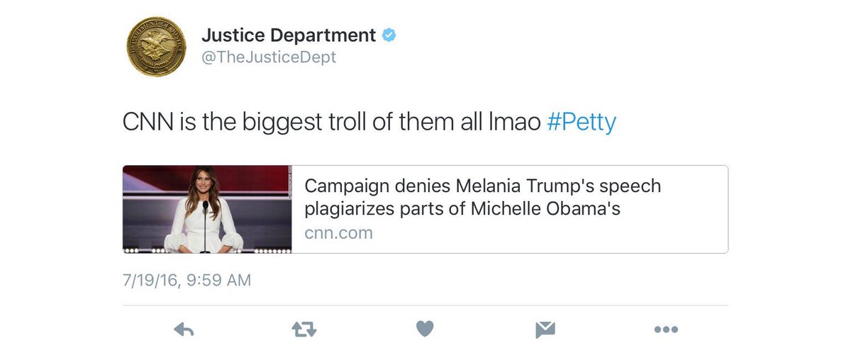 Justice Department unintentionally tweets about Melania Trump Justice Department Melania Trump Tweet