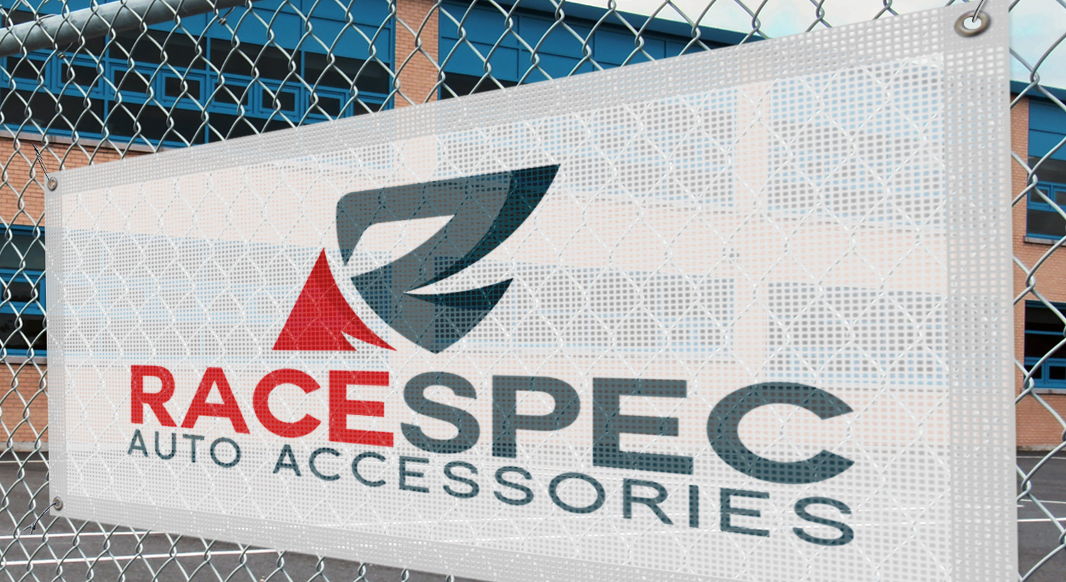 Mesh banners are ideal for windy environments. Mesh banner for an auto accessories shop.