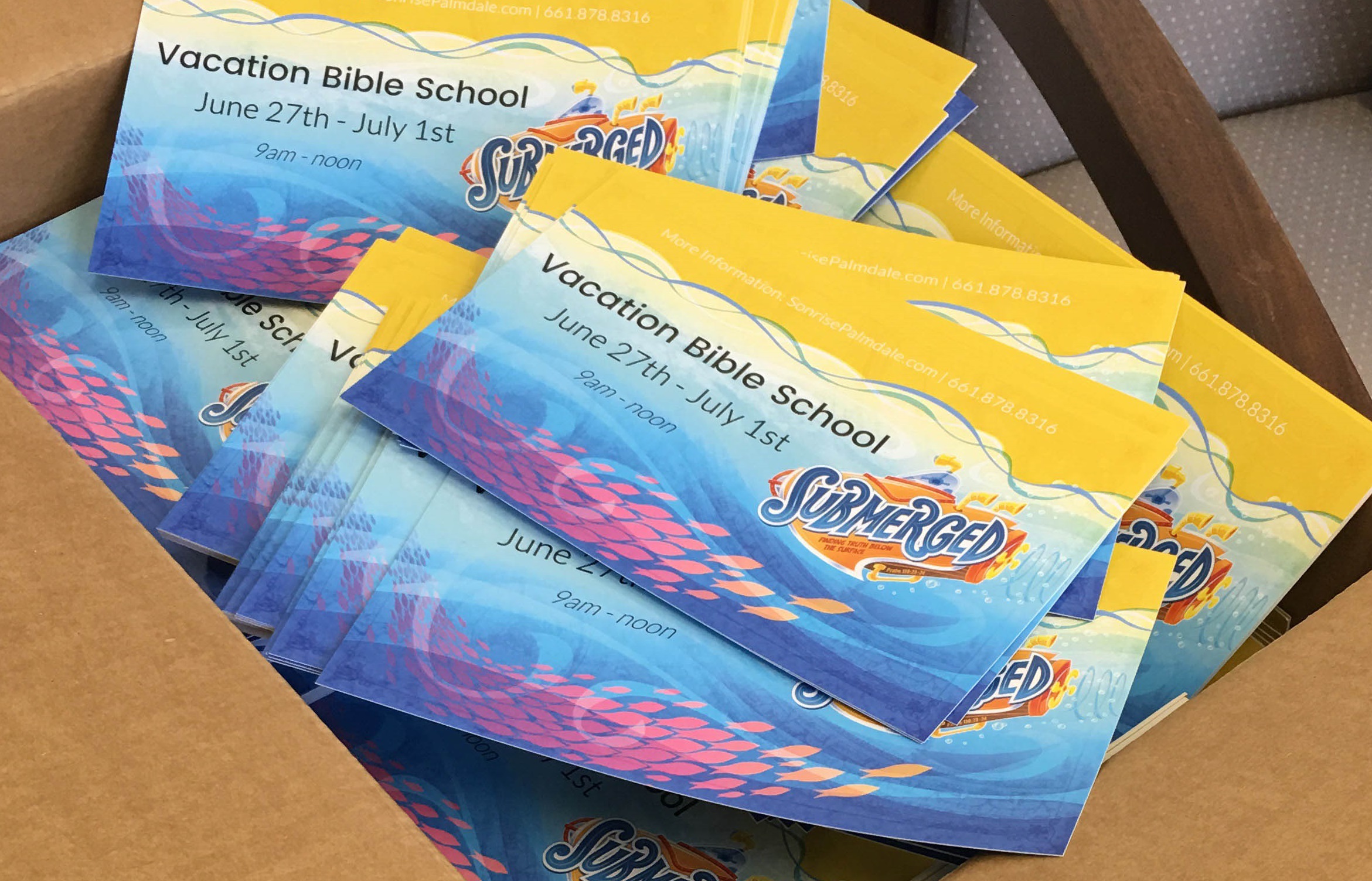 Church Flyers for Sonrise Church fresh from the box. Church flyers in a box.